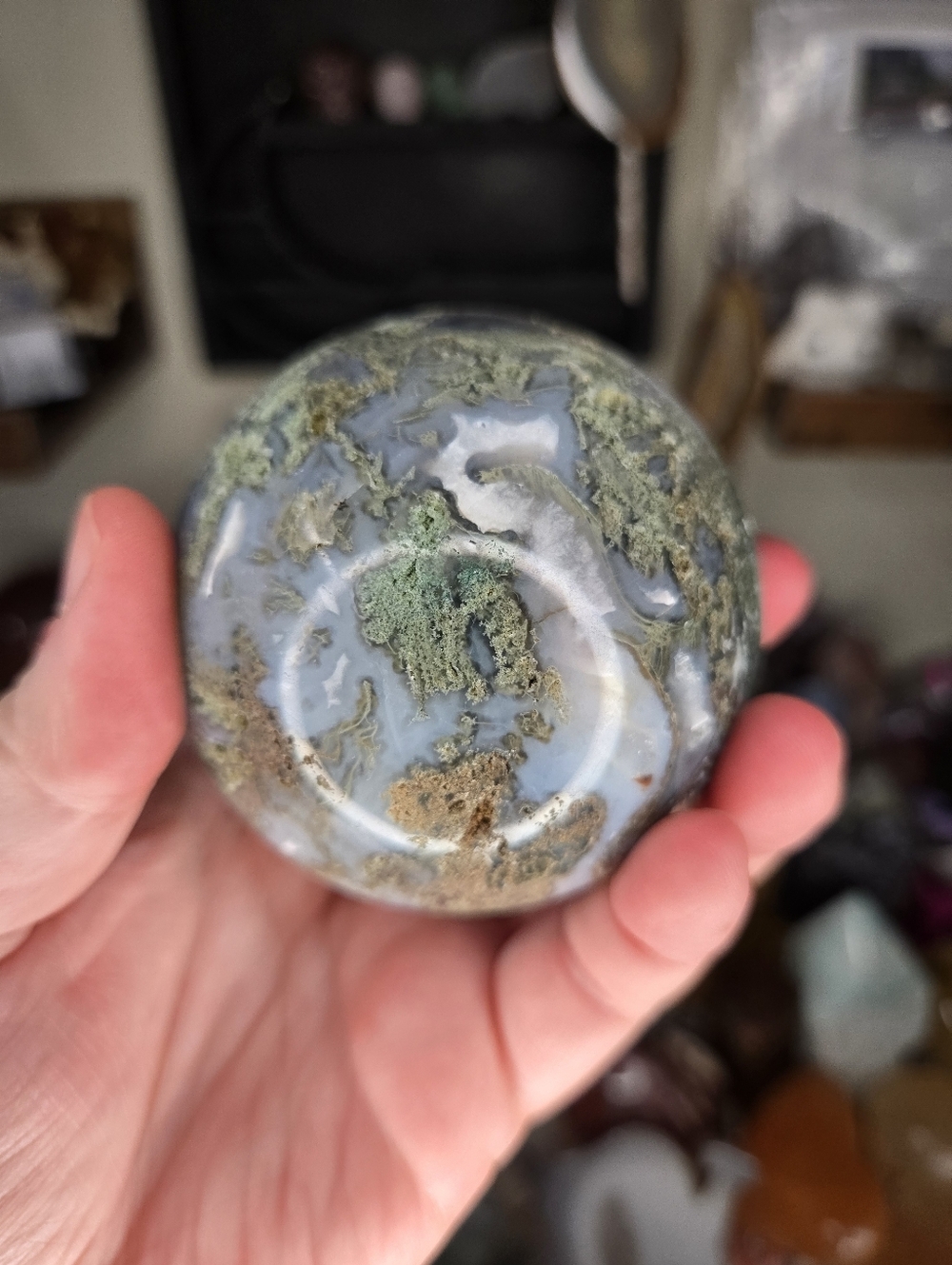 White & Blue Moss Agate Crystal Sphere